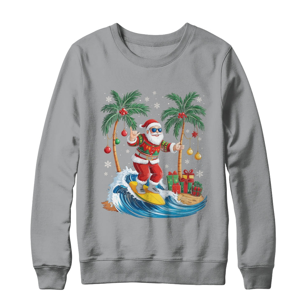 Tropical Christmas Palm Tree Surfing Hawaiian Santa Hawaii Shirt & Sweatshirt | teecentury