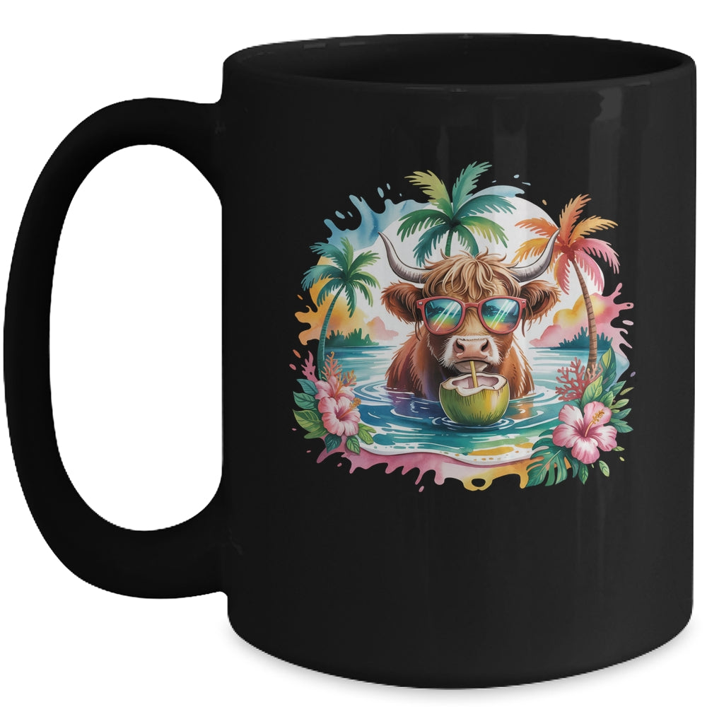 Tropical Highland Cow Summer Vibes Funny Beach Girls Women Mug | teecentury