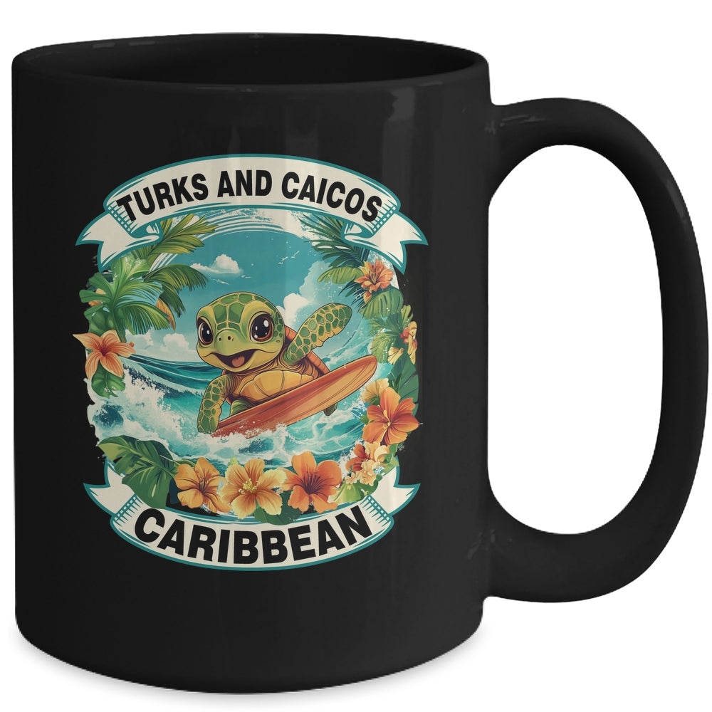 Turks And Caicos Caribbean Cute Sea Turtle Surfing Summer Vacation Mug | teecentury