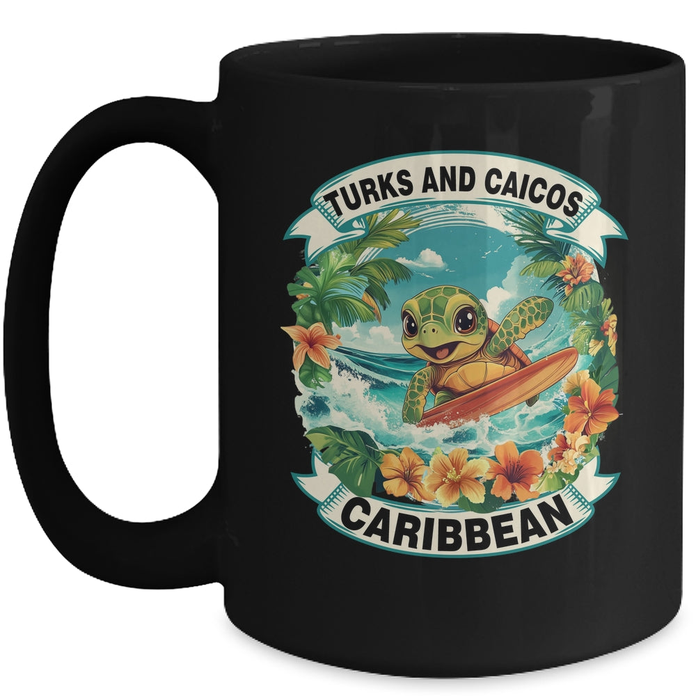 Turks And Caicos Caribbean Cute Sea Turtle Surfing Summer Vacation Mug | teecentury