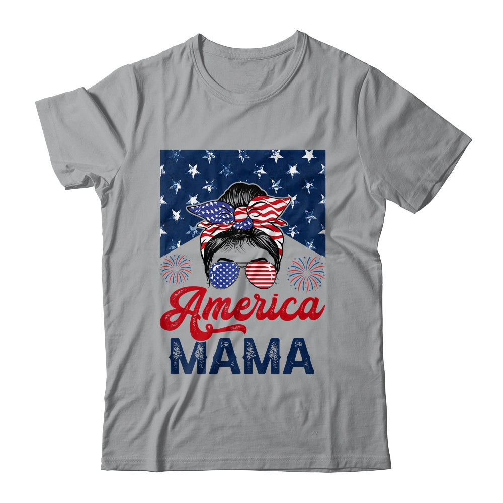 USA American Mama Proud Mom Messy Bun Patriotic 4th Of July Shirt & Tank Top | teecentury