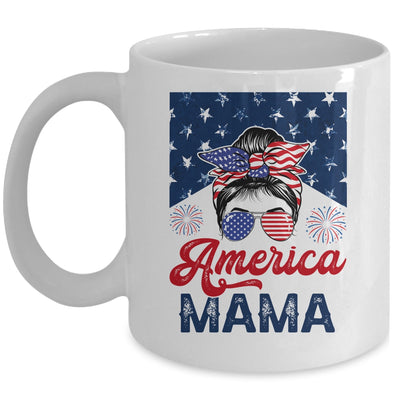 USA American Mama Proud Mom Messy Bun Patriotic 4th Of July Mug | teecentury