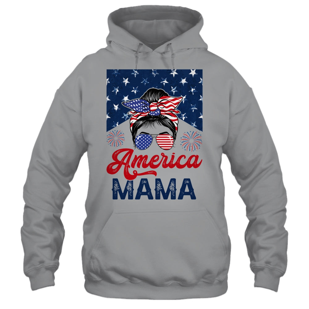 USA American Mama Proud Mom Messy Bun Patriotic 4th Of July Shirt & Tank Top | teecentury