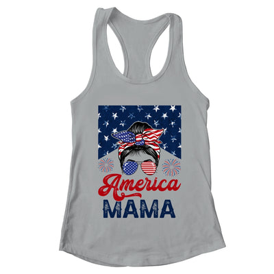 USA American Mama Proud Mom Messy Bun Patriotic 4th Of July Shirt & Tank Top | teecentury