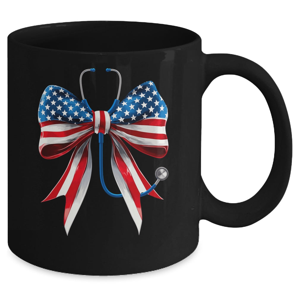 USA Flag Stethoscope Coquette Bow CNA RN Nurse 4th Of July Mug | teecentury