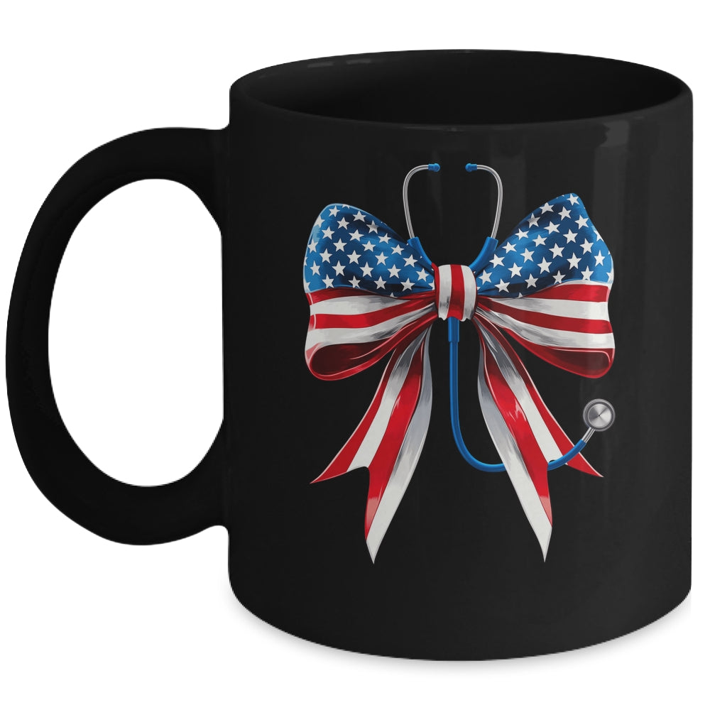 USA Flag Stethoscope Coquette Bow CNA RN Nurse 4th Of July Mug | teecentury