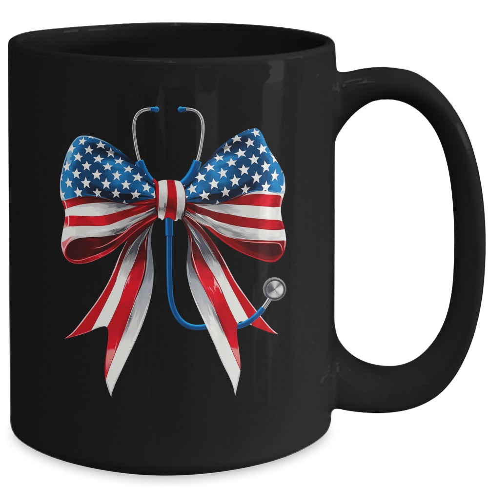 USA Flag Stethoscope Coquette Bow CNA RN Nurse 4th Of July Mug | teecentury
