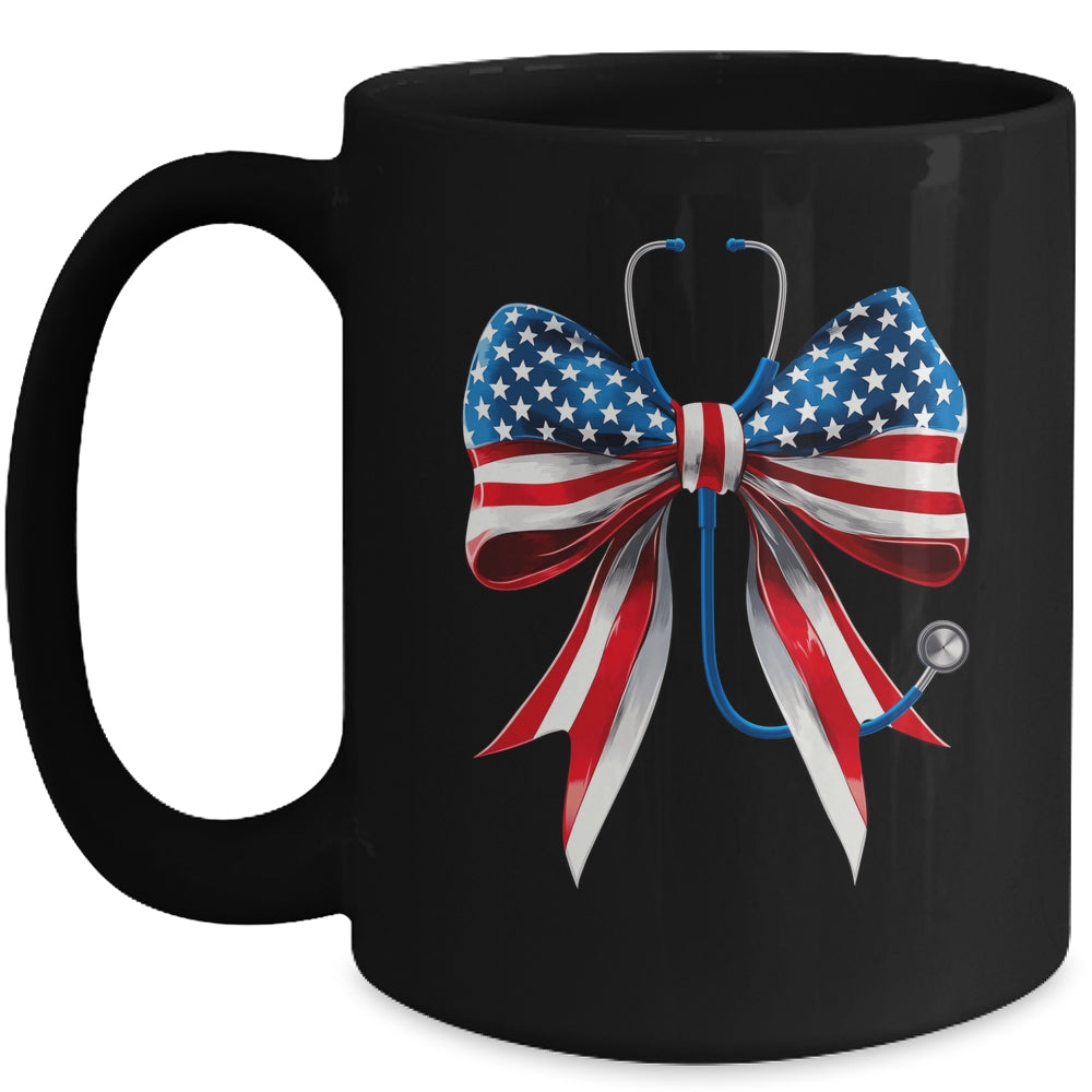 USA Flag Stethoscope Coquette Bow CNA RN Nurse 4th Of July Mug | teecentury