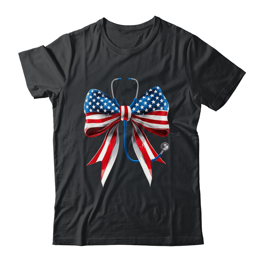 USA Flag Stethoscope Coquette Bow CNA RN Nurse 4th Of July Shirt & Tank Top | teecentury
