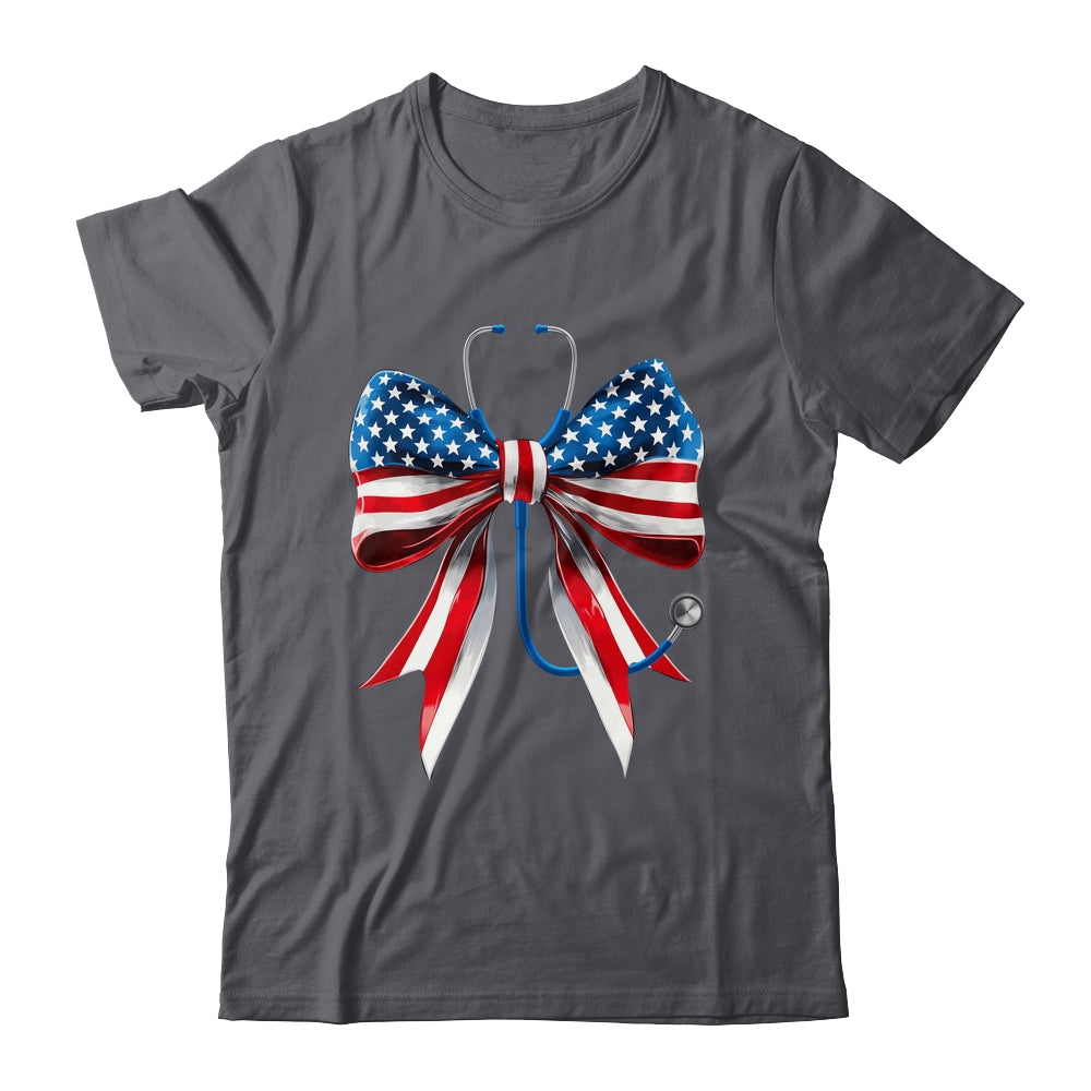 USA Flag Stethoscope Coquette Bow CNA RN Nurse 4th Of July Shirt & Tank Top | teecentury