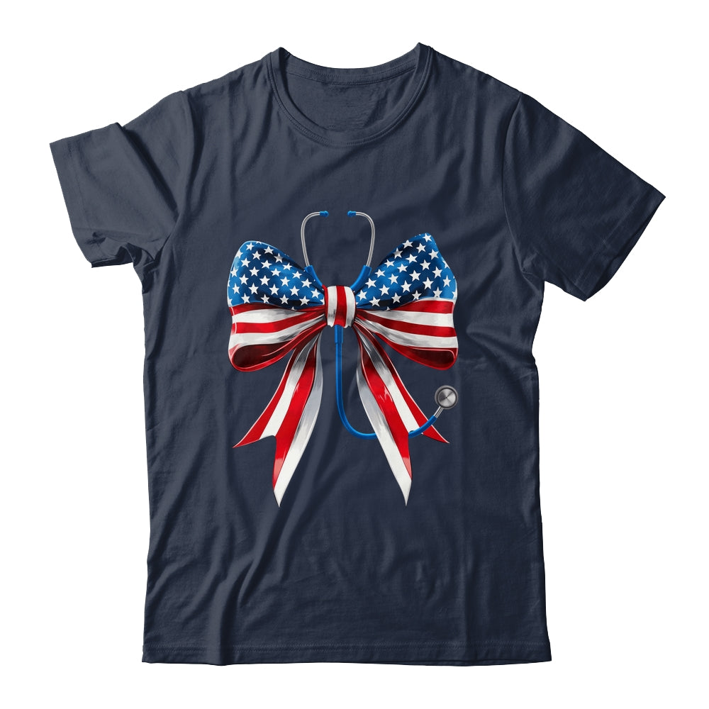 USA Flag Stethoscope Coquette Bow CNA RN Nurse 4th Of July Shirt & Tank Top | teecentury