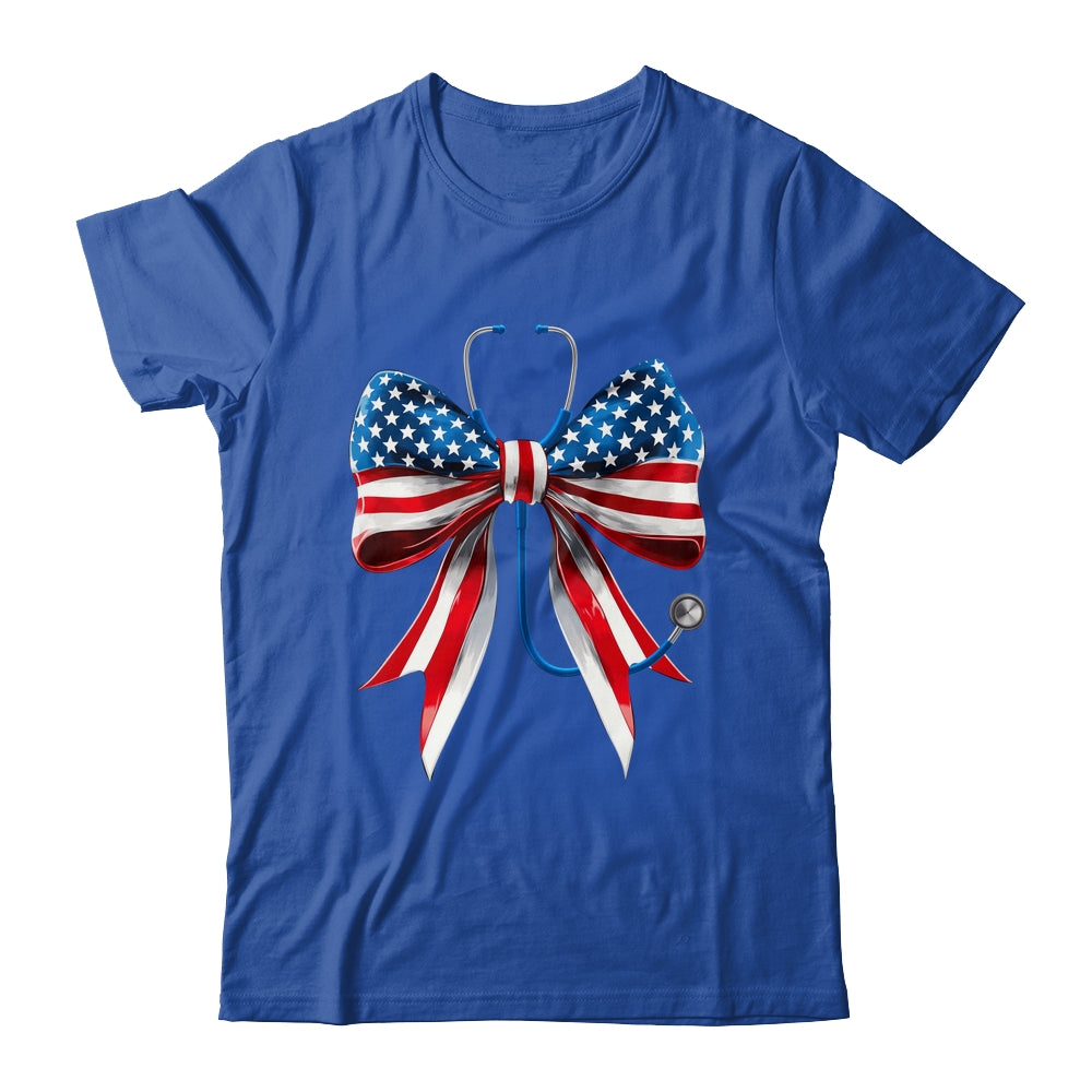 USA Flag Stethoscope Coquette Bow CNA RN Nurse 4th Of July Shirt & Tank Top | teecentury