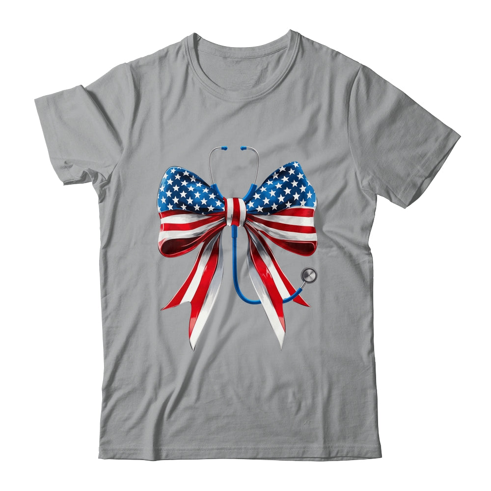 USA Flag Stethoscope Coquette Bow CNA RN Nurse 4th Of July Shirt & Tank Top | teecentury