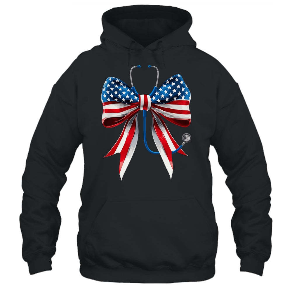 USA Flag Stethoscope Coquette Bow CNA RN Nurse 4th Of July Shirt & Tank Top | teecentury