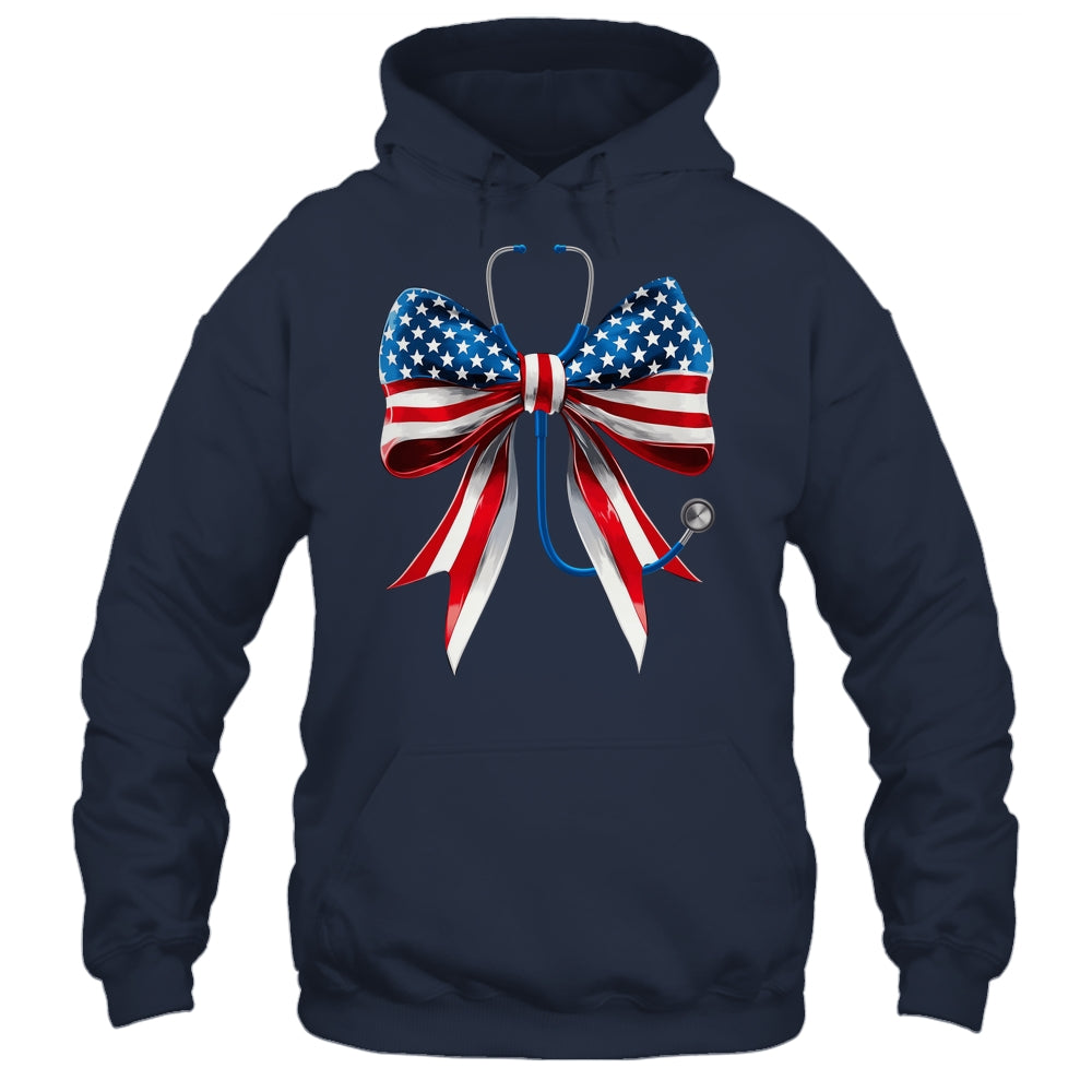 USA Flag Stethoscope Coquette Bow CNA RN Nurse 4th Of July Shirt & Tank Top | teecentury