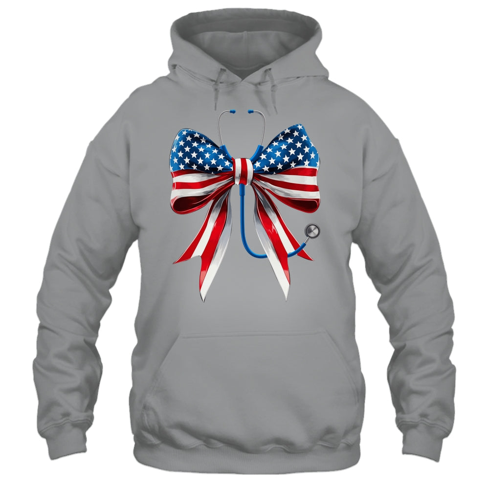 USA Flag Stethoscope Coquette Bow CNA RN Nurse 4th Of July Shirt & Tank Top | teecentury