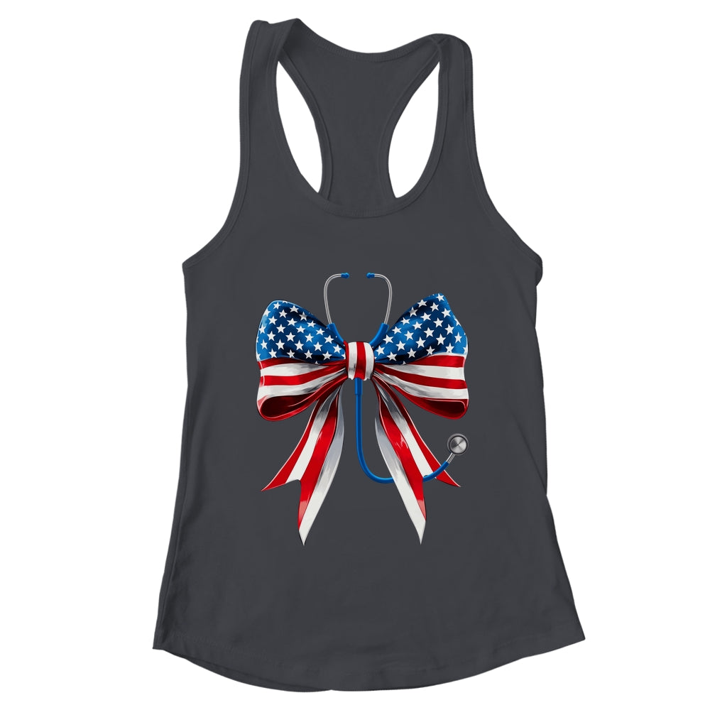 USA Flag Stethoscope Coquette Bow CNA RN Nurse 4th Of July Shirt & Tank Top | teecentury
