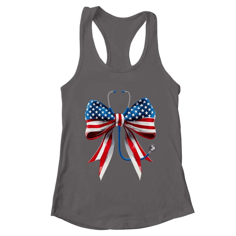 USA Flag Stethoscope Coquette Bow CNA RN Nurse 4th Of July Shirt & Tank Top | teecentury