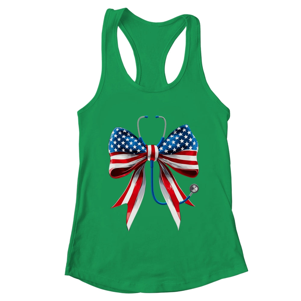 USA Flag Stethoscope Coquette Bow CNA RN Nurse 4th Of July Shirt & Tank Top | teecentury