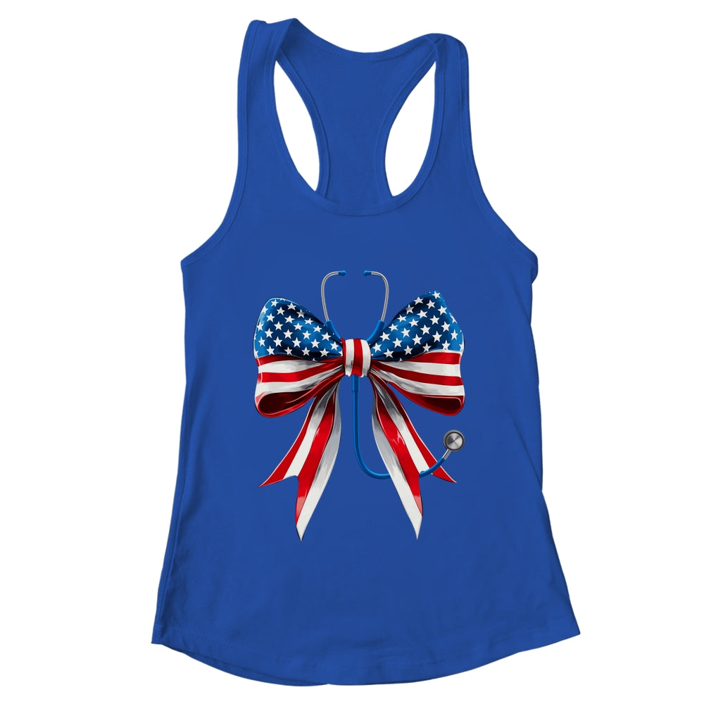 USA Flag Stethoscope Coquette Bow CNA RN Nurse 4th Of July Shirt & Tank Top | teecentury