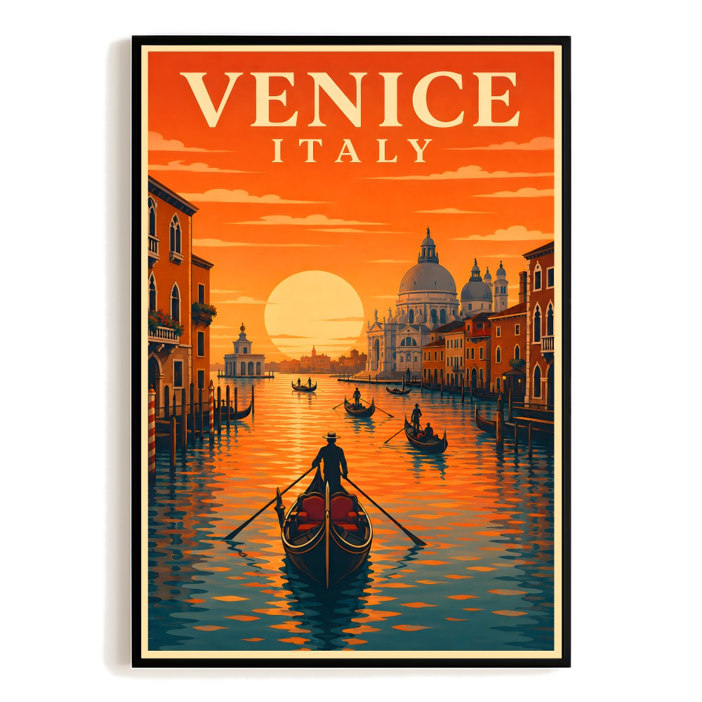 Venice Italy Travel Poster Vintage Gondola Canal Sunset Wall Art Landscape Print Painting Picture Ideal For Family Home Living Room Office Bedroom Decor Unframed | teecentury