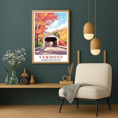 Vermont Print Travel Poster Nature Green Mountain State Souvenir Wall Art Landscape Painting Picture Mountains For Home Room Living Room Office Bedroom Decor Unframed | teecentury