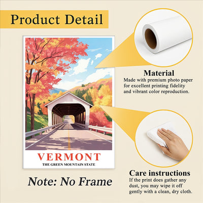 Vermont Print Travel Poster Nature Green Mountain State Souvenir Wall Art Landscape Painting Picture Mountains For Home Room Living Room Office Bedroom Decor Unframed | teecentury