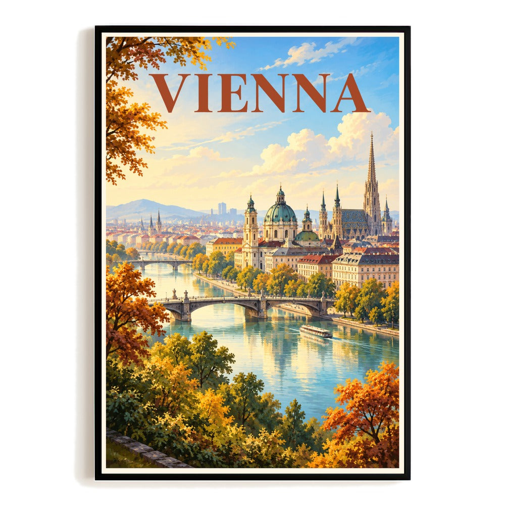 Vienna Austria Cathedral River Retro Travel Poster Vintage European Wall Art Print Historic Waterfront Cityscape For Home Living Room Office Bedroom Decor Gift Unframed | teecentury