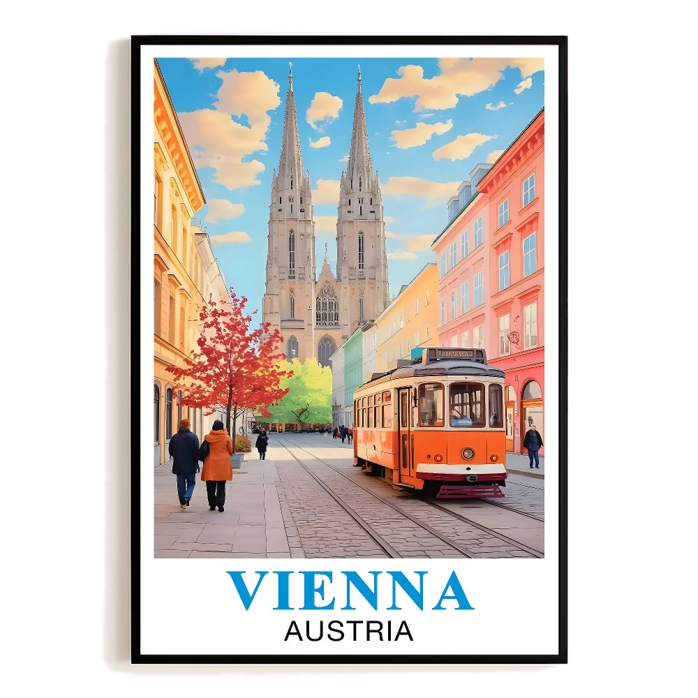 Vienna Austria Vintage Travel Poster Stephansdom Cathedral Tram Street Scene Wall Art Landscape Print Painting Ideal For Home Office Living Room Bedroom Decor Unframed | teecentury