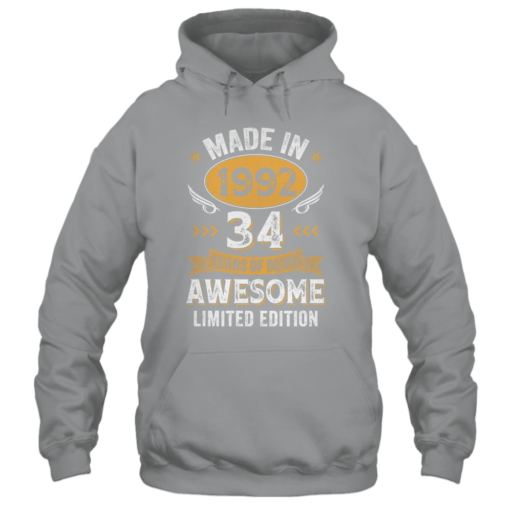 Vintage 1992 34 Years Old Birthday 34th Birthday Men Women Shirt & Hoodie | teecentury