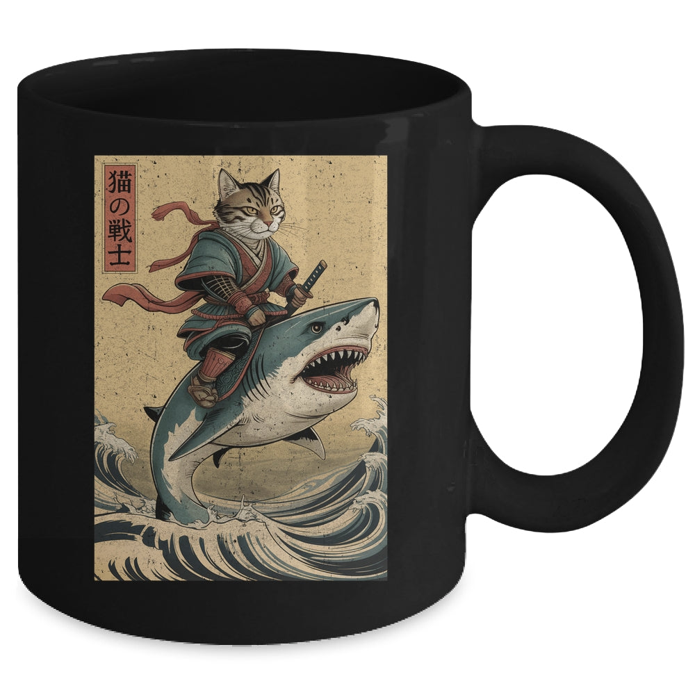 Vintage Anime Cat Japanese Funny Samurai Cat Riding Shark Men Women Mug | teecentury