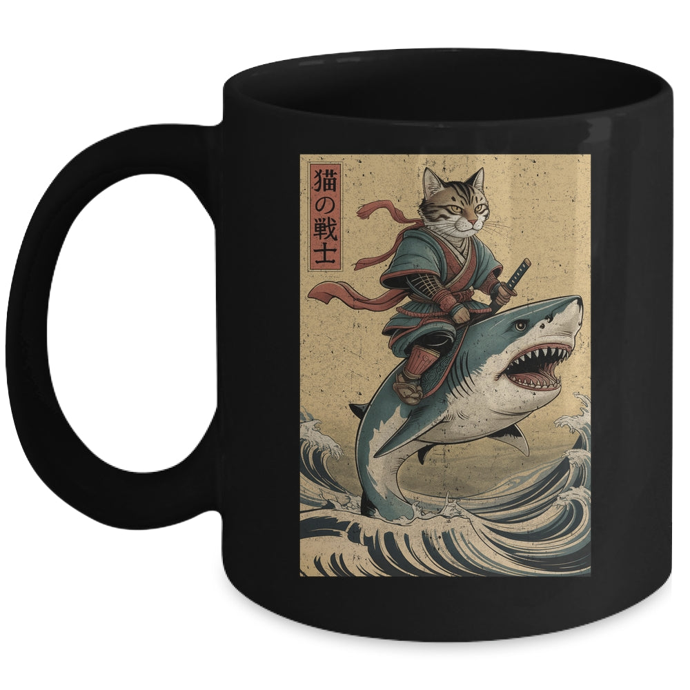 Vintage Anime Cat Japanese Funny Samurai Cat Riding Shark Men Women Mug | teecentury