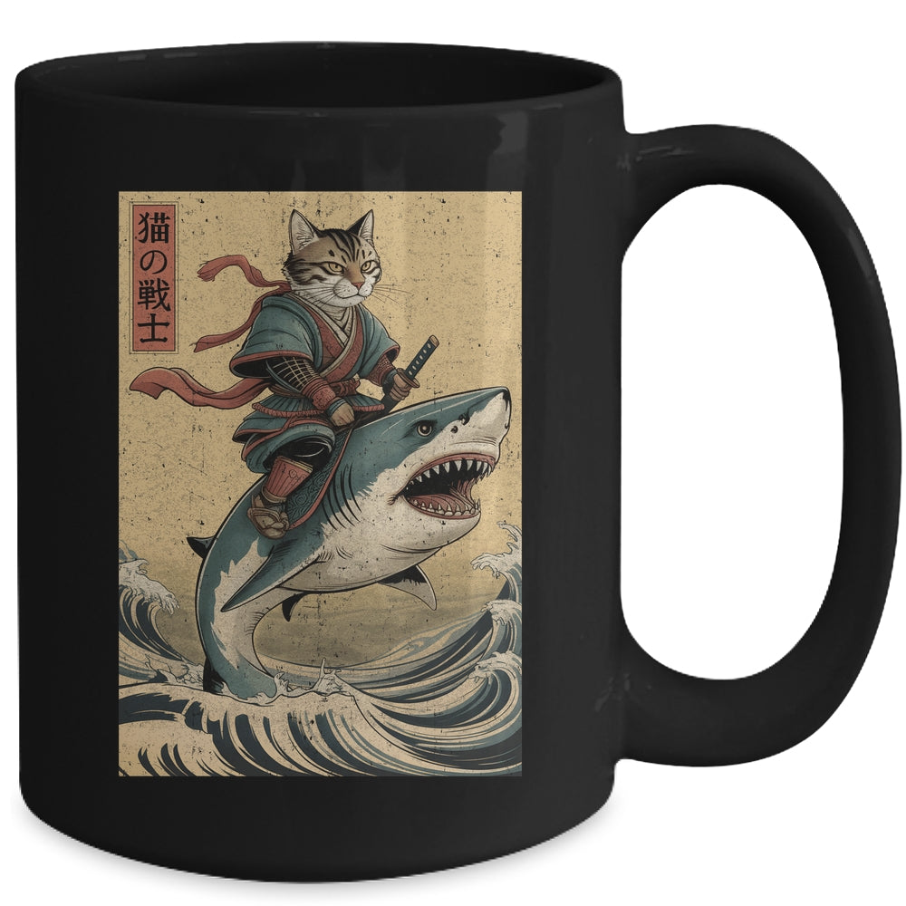 Vintage Anime Cat Japanese Funny Samurai Cat Riding Shark Men Women Mug | teecentury