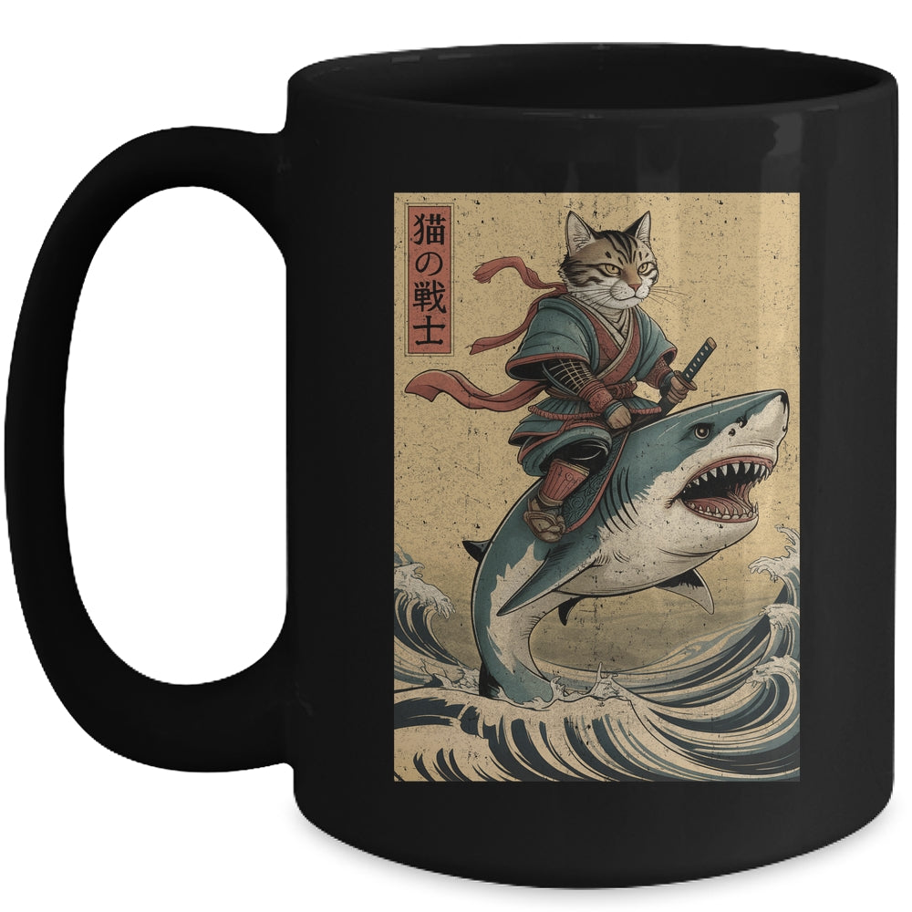 Vintage Anime Cat Japanese Funny Samurai Cat Riding Shark Men Women Mug | teecentury