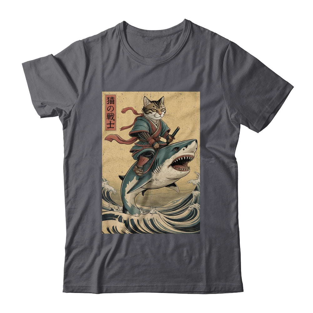 Vintage Anime Cat Japanese Funny Samurai Cat Riding Shark Men Women Shirt & Hoodie | teecentury