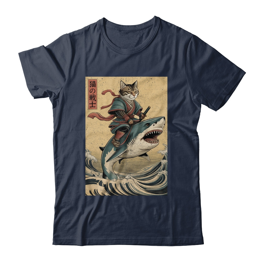 Vintage Anime Cat Japanese Funny Samurai Cat Riding Shark Men Women Shirt & Hoodie | teecentury