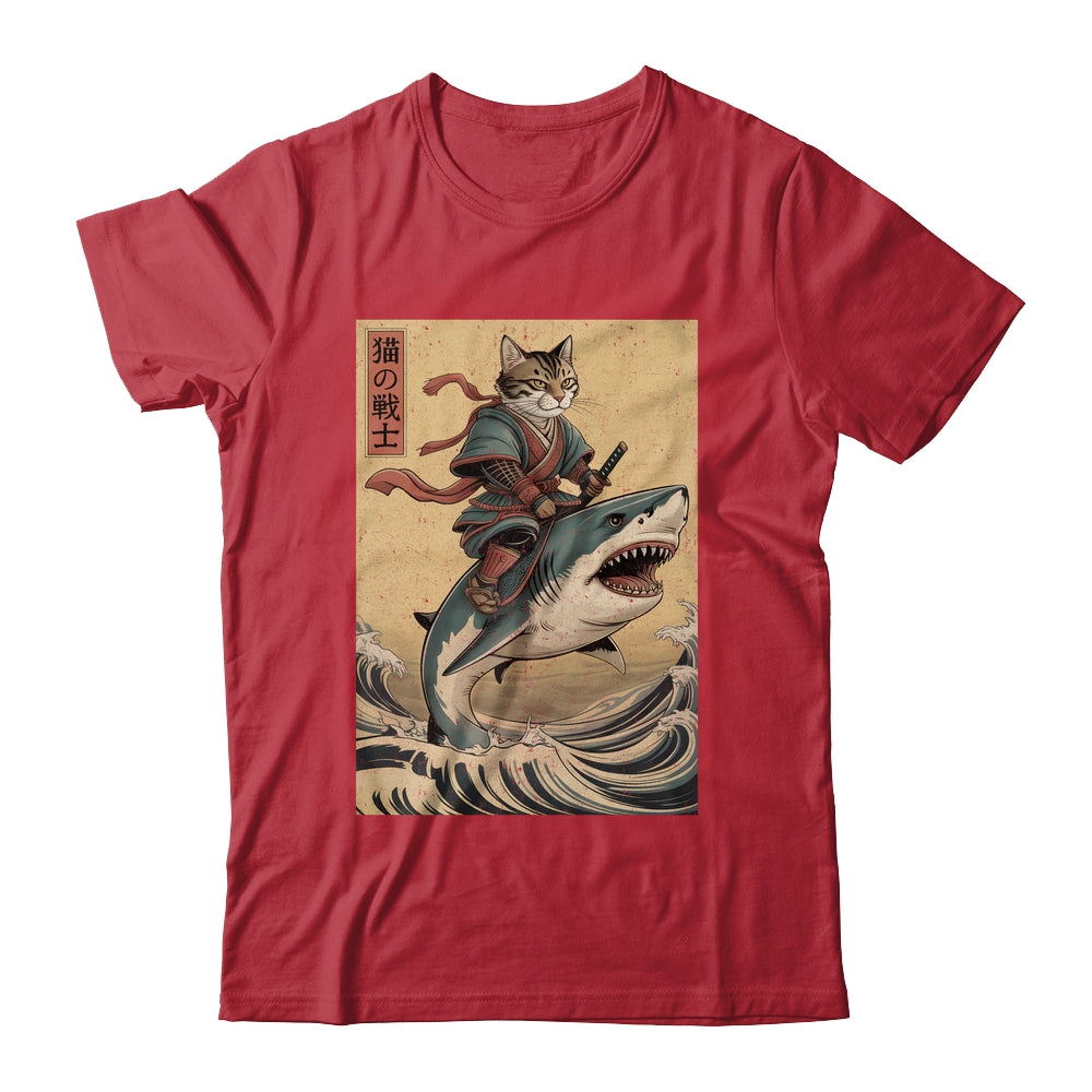 Vintage Anime Cat Japanese Funny Samurai Cat Riding Shark Men Women Shirt & Hoodie | teecentury