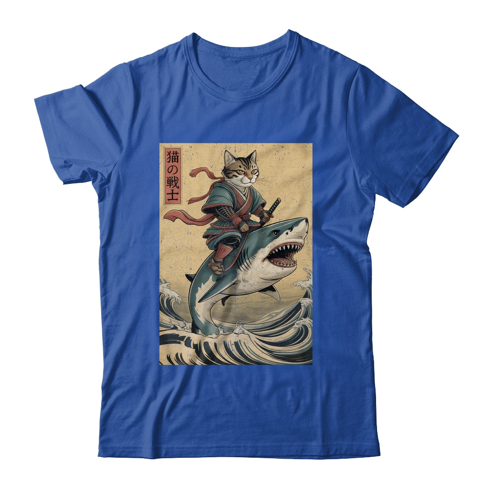 Vintage Anime Cat Japanese Funny Samurai Cat Riding Shark Men Women Shirt & Hoodie | teecentury