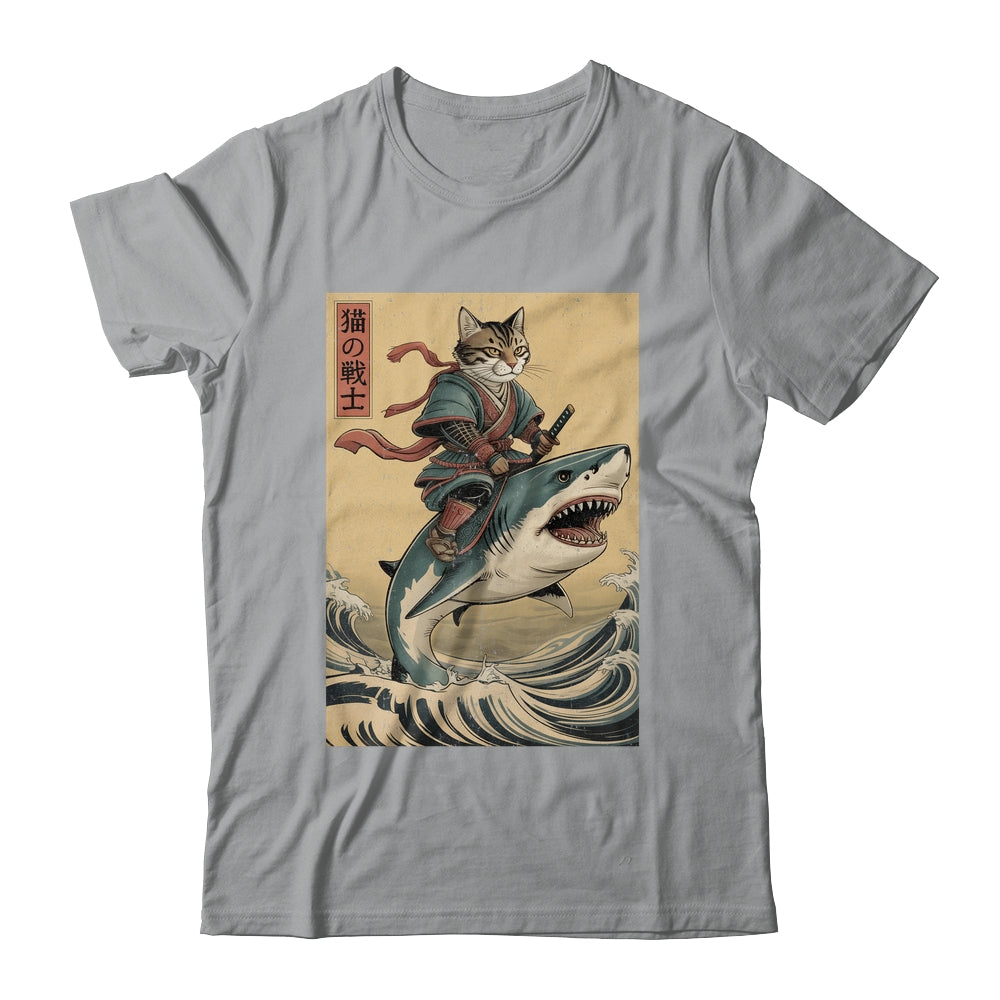Vintage Anime Cat Japanese Funny Samurai Cat Riding Shark Men Women Shirt & Hoodie | teecentury