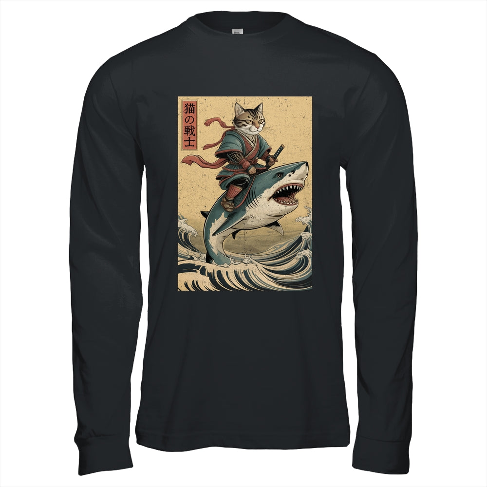 Vintage Anime Cat Japanese Funny Samurai Cat Riding Shark Men Women Shirt & Hoodie | teecentury