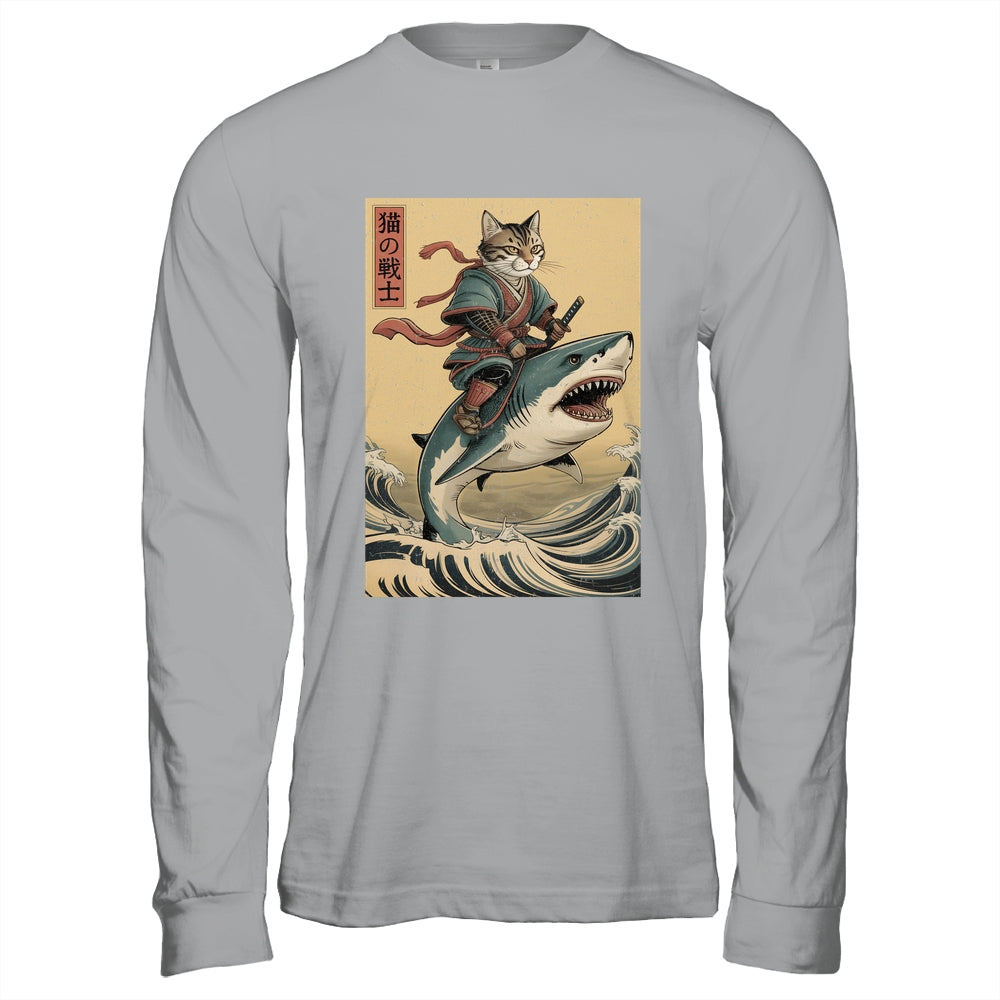 Vintage Anime Cat Japanese Funny Samurai Cat Riding Shark Men Women Shirt & Hoodie | teecentury