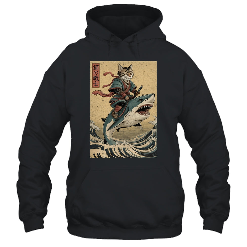 Vintage Anime Cat Japanese Funny Samurai Cat Riding Shark Men Women Shirt & Hoodie | teecentury