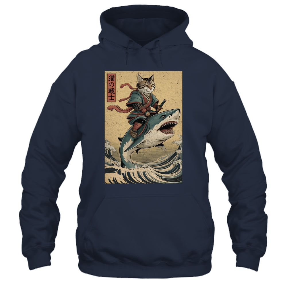 Vintage Anime Cat Japanese Funny Samurai Cat Riding Shark Men Women Shirt & Hoodie | teecentury