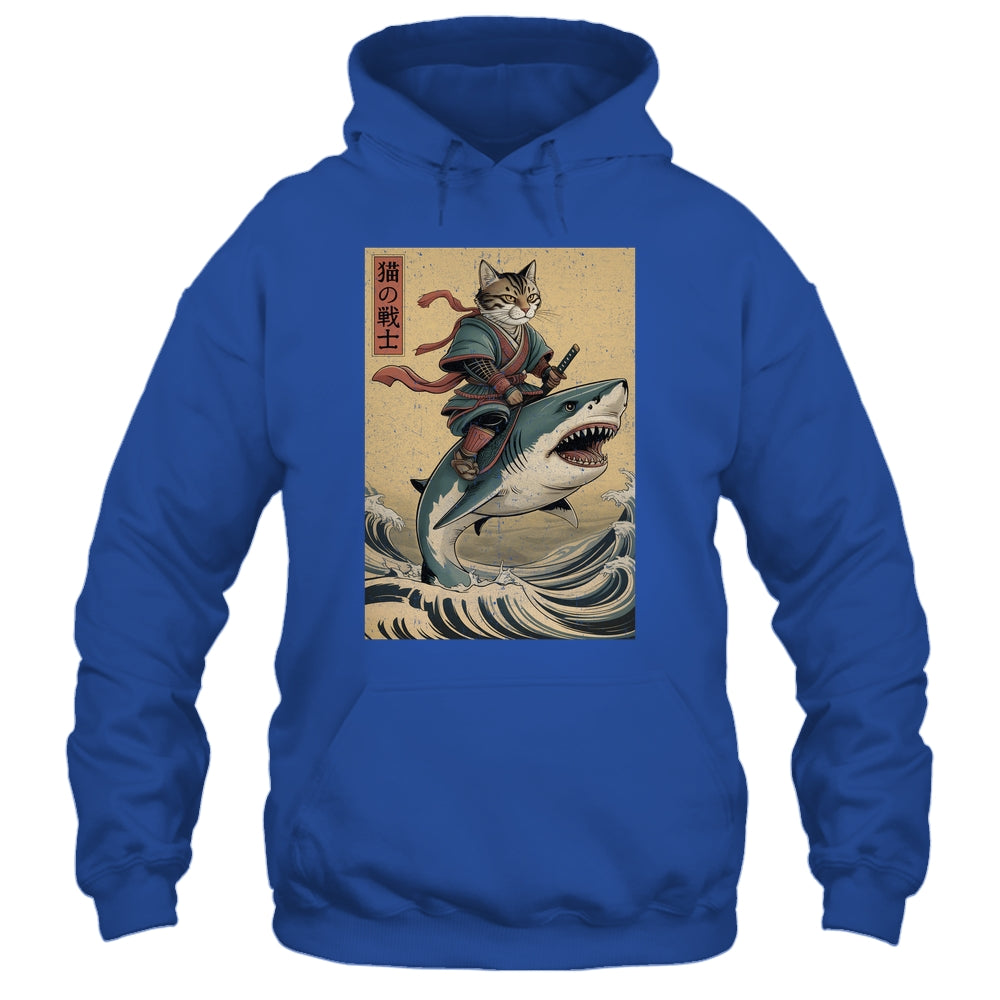 Vintage Anime Cat Japanese Funny Samurai Cat Riding Shark Men Women Shirt & Hoodie | teecentury