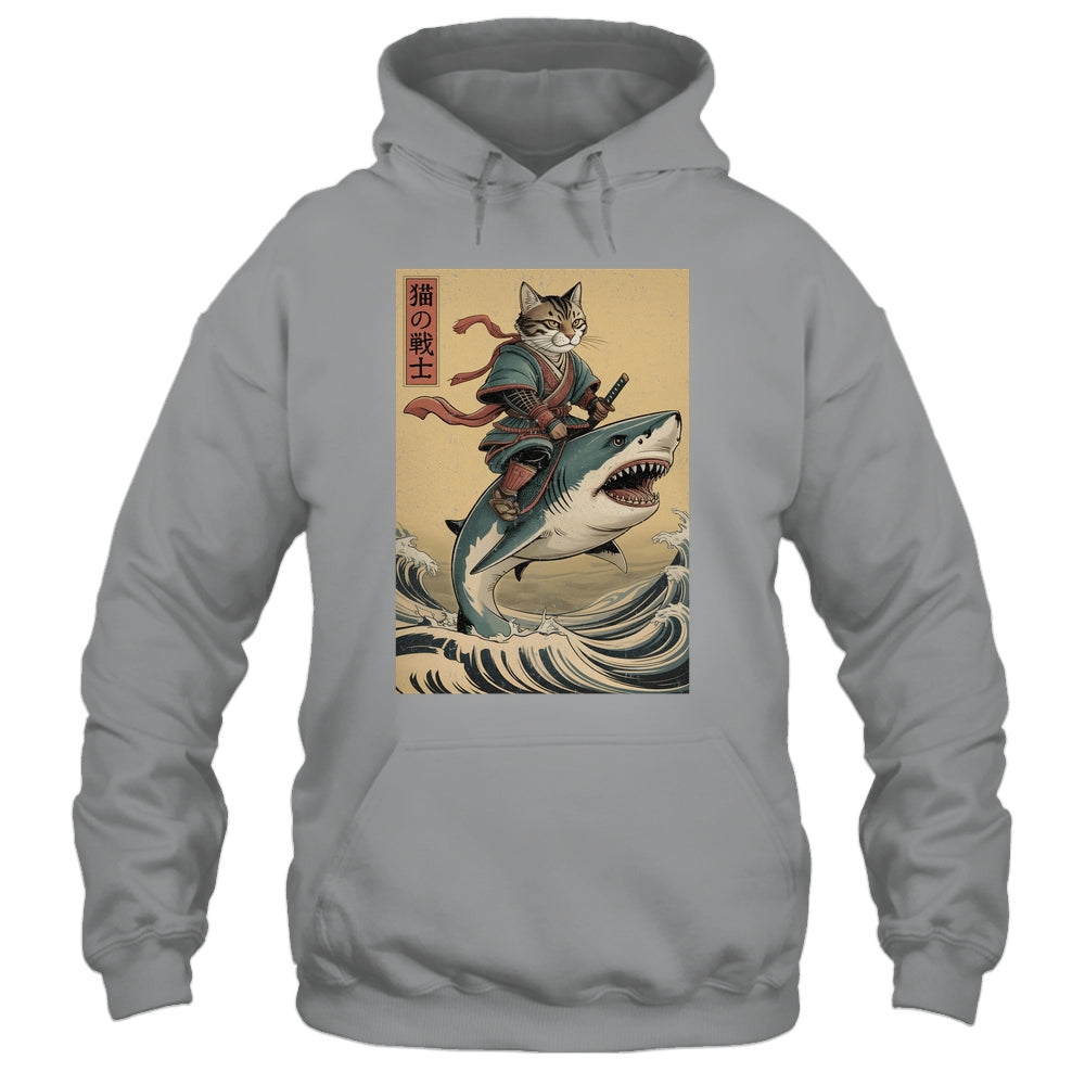 Vintage Anime Cat Japanese Funny Samurai Cat Riding Shark Men Women Shirt & Hoodie | teecentury