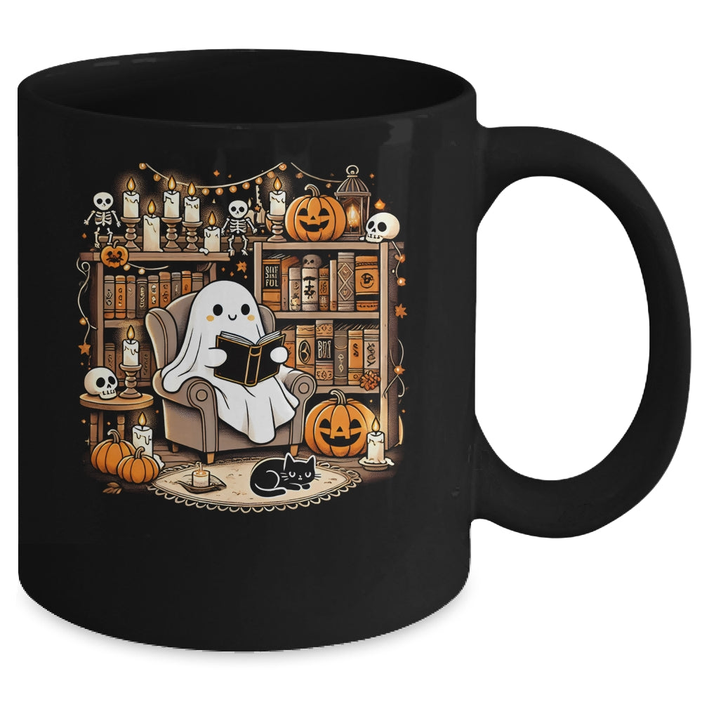 Vintage Ghost Reading Book Lovers Library Halloween Spooky Mug | teecentury