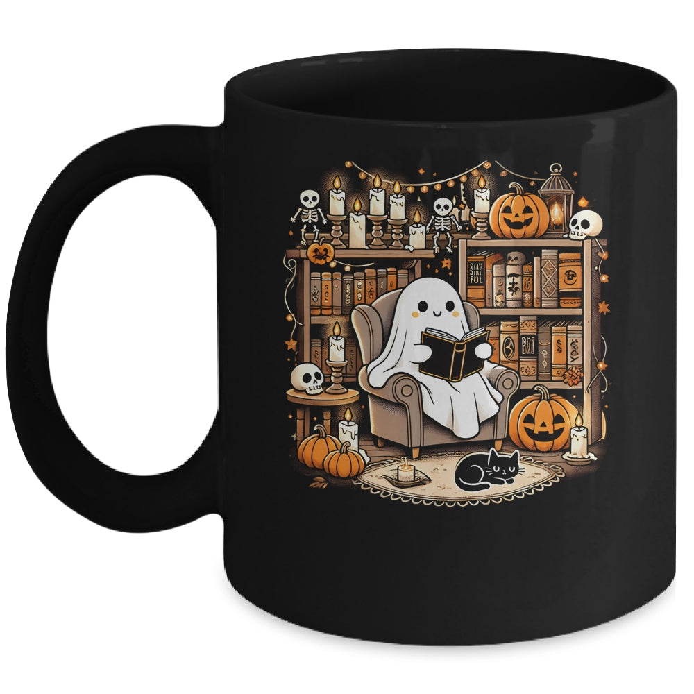 Vintage Ghost Reading Book Lovers Library Halloween Spooky Mug | teecentury