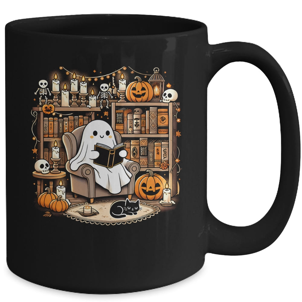 Vintage Ghost Reading Book Lovers Library Halloween Spooky Mug | teecentury