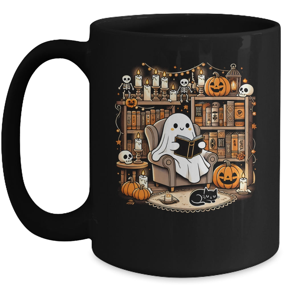Vintage Ghost Reading Book Lovers Library Halloween Spooky Mug | teecentury