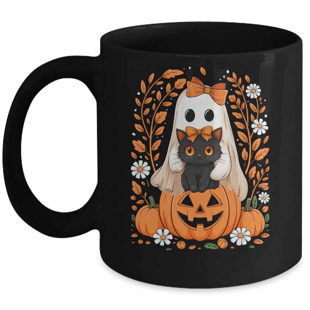Vintage Halloween Ghost Holding Black Cat Groovy Floral Mug | teecentury